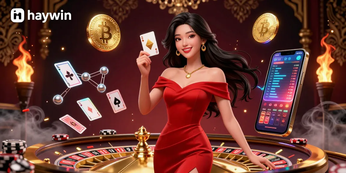 Play cards at haywin with a beautiful Asian woman and golden roulette, showcasing vibrant casino elements.