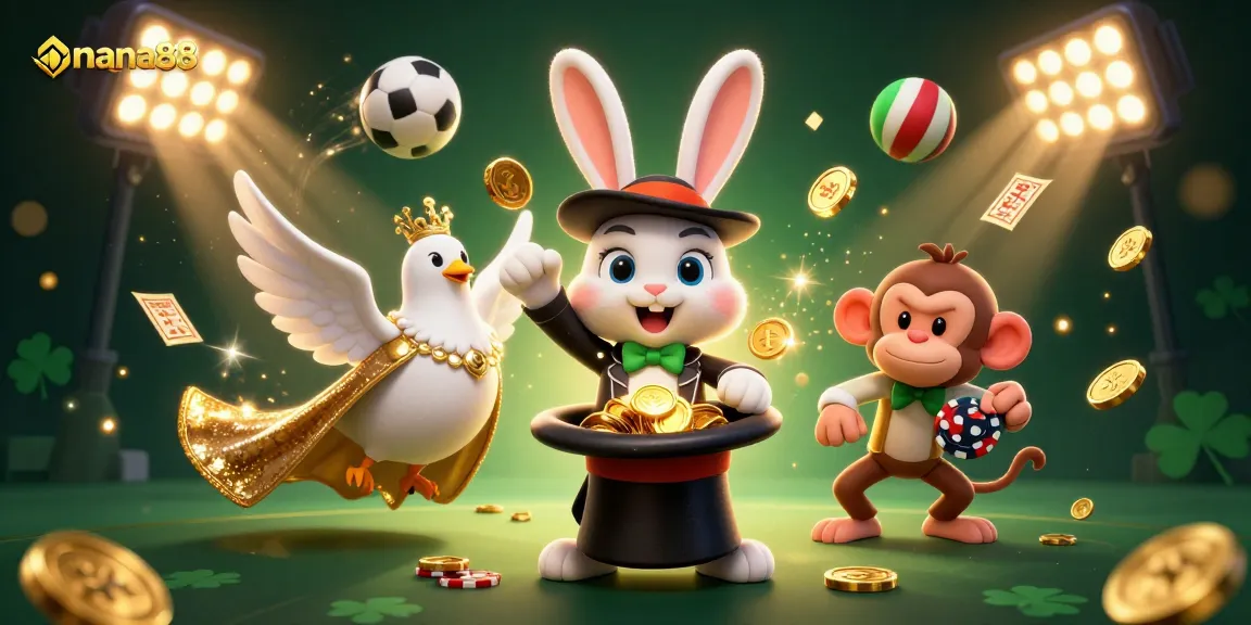 Join the excitement of mana88 with a magical casino scene featuring golden coins and playful characters.