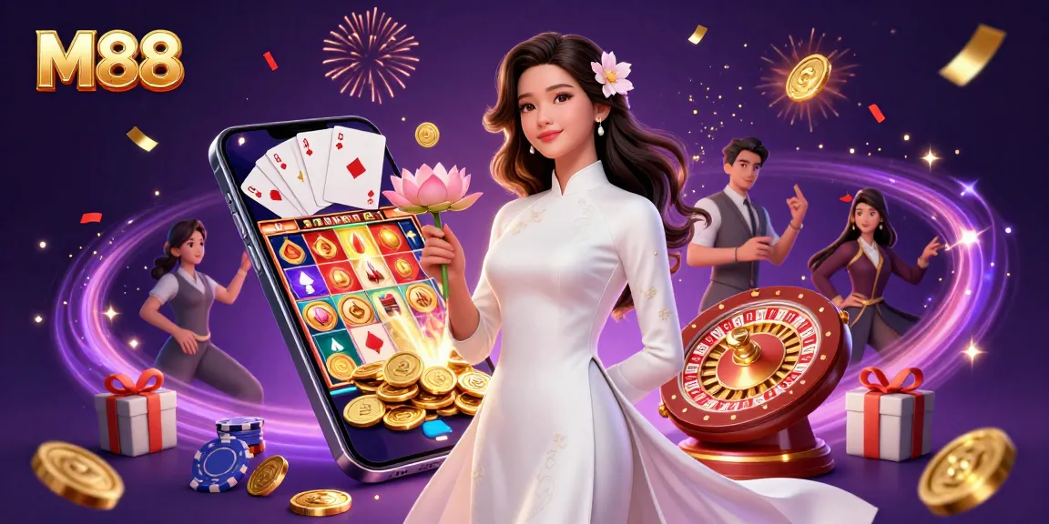 M88 brings excitement with a stunning Asian casino scene filled with vibrant slot games, confetti, and celebration.