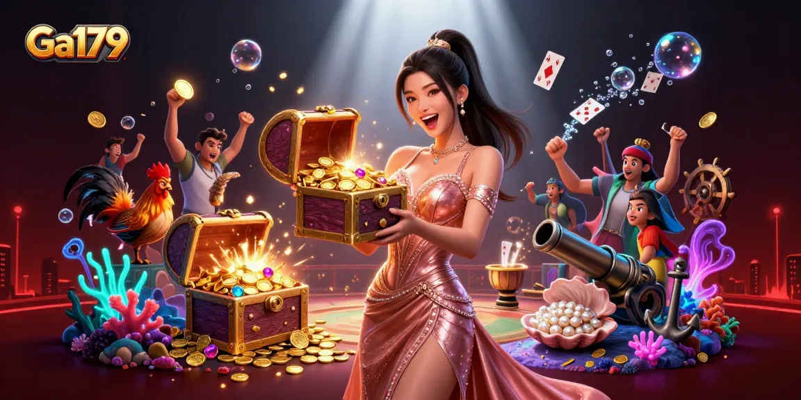 Experience thrilling cockfighting and casino action with Ga179's vibrant treasure-filled scene, showcasing excitement and winnings.