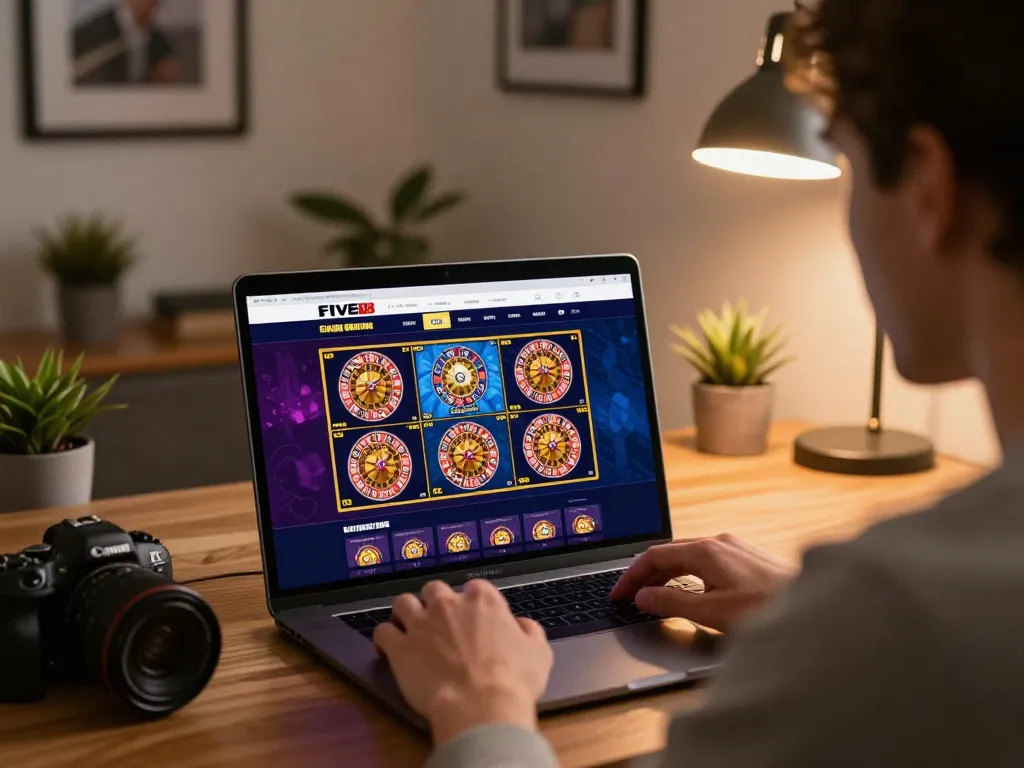 Engaged player exploring five88 online casino games in a cozy home environment