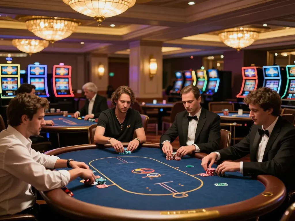 OnBet players engaging in strategic poker gameplay on a vibrant casino floor.