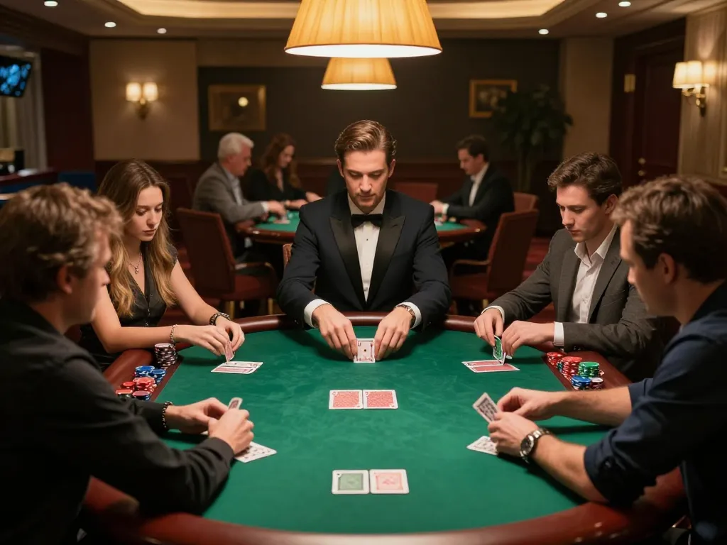 FIVE88 players enjoying an intense poker game in a sophisticated casino setting, highlighting strategic gameplay dynamics