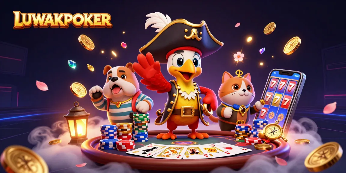 Play LUWAKPOKER with stacked poker chips, golden coins, and vibrant game elements