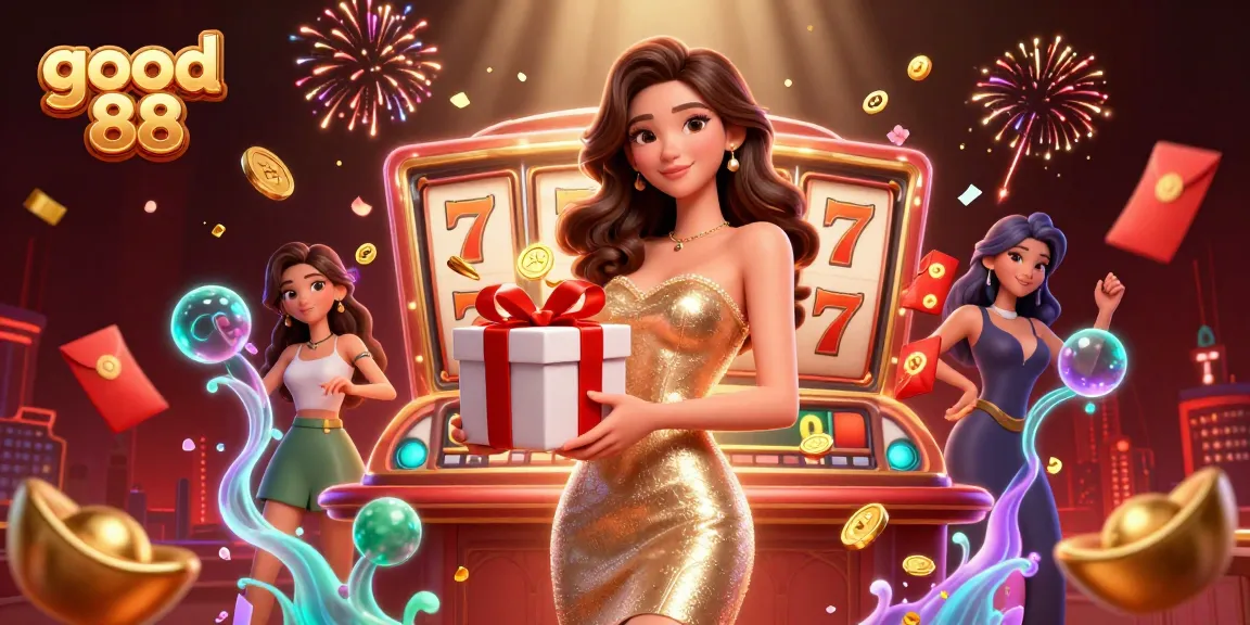 Experience winning thrills at good 88 with a festive casino scene featuring vibrant slot reels and a welcoming character.
