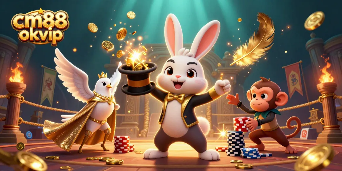 Experience the excitement with cm88 okvip, as a rabbit magician pulls golden coins while playful characters surround a dazzling casino backdrop.