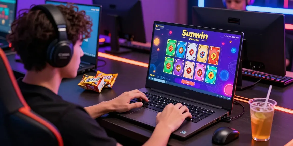 Player engaging with Sunwin chinh hang on laptop, surrounded by a vibrant gaming setup.