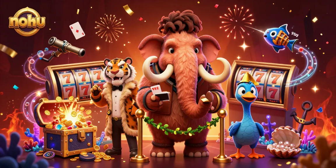 Experience nohu's excitement with a vivid casino scene featuring vibrant characters and dynamic slot machines.