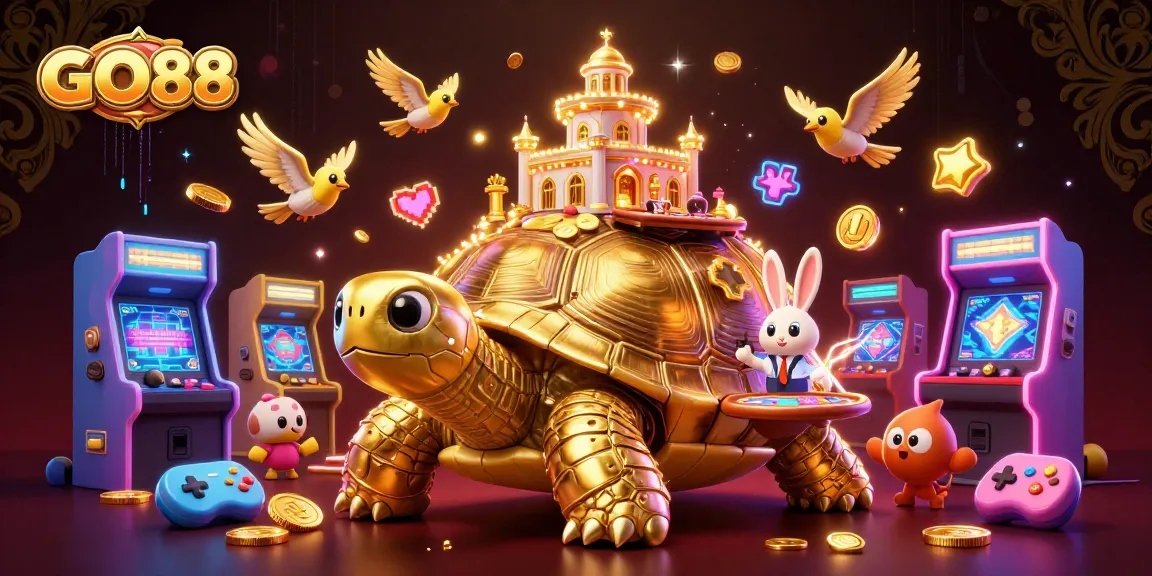 Experience thrilling games with GO88 at a vibrant 3D golden tortoise casino scene animated with glowing coins and fun.