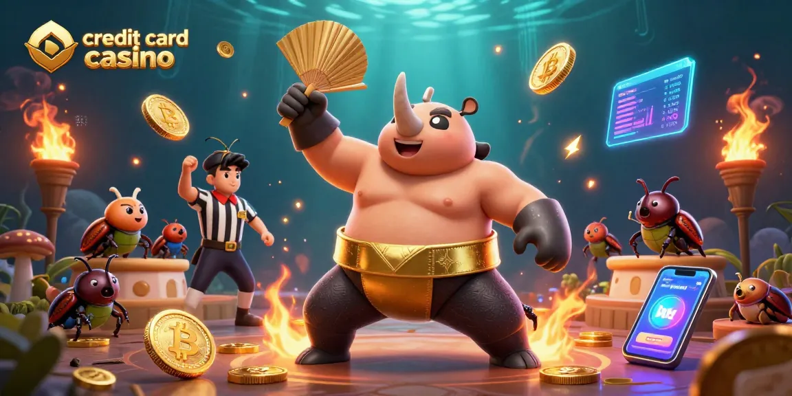 Engage with the lively scene of a credit card casino featuring a sumo beetle and vibrant gaming elements.