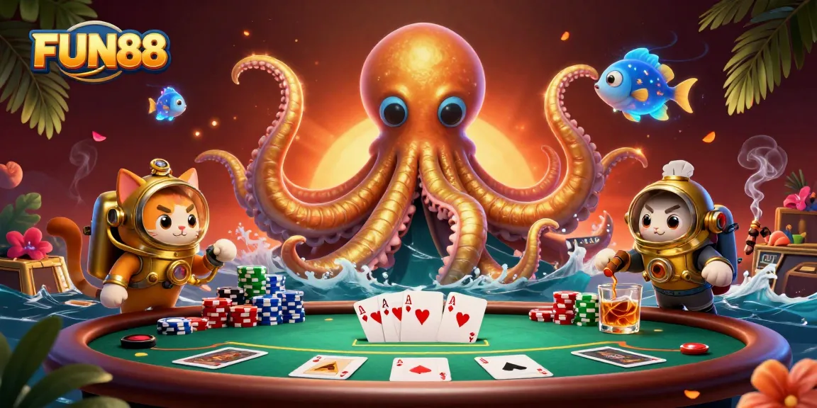 Experience dynamic gaming action with FUN88 featuring a kraken and diving cat in a vibrant casino scene.