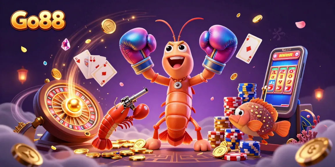 Experience the excitement of Go88 with vibrant gaming action featuring lively characters and sparkling casino elements.