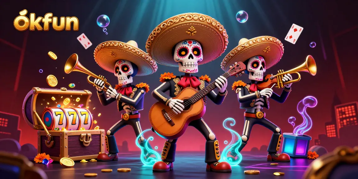 Experience the excitement of okfun with a vibrant casino scene featuring a mariachi band and colorful game elements.