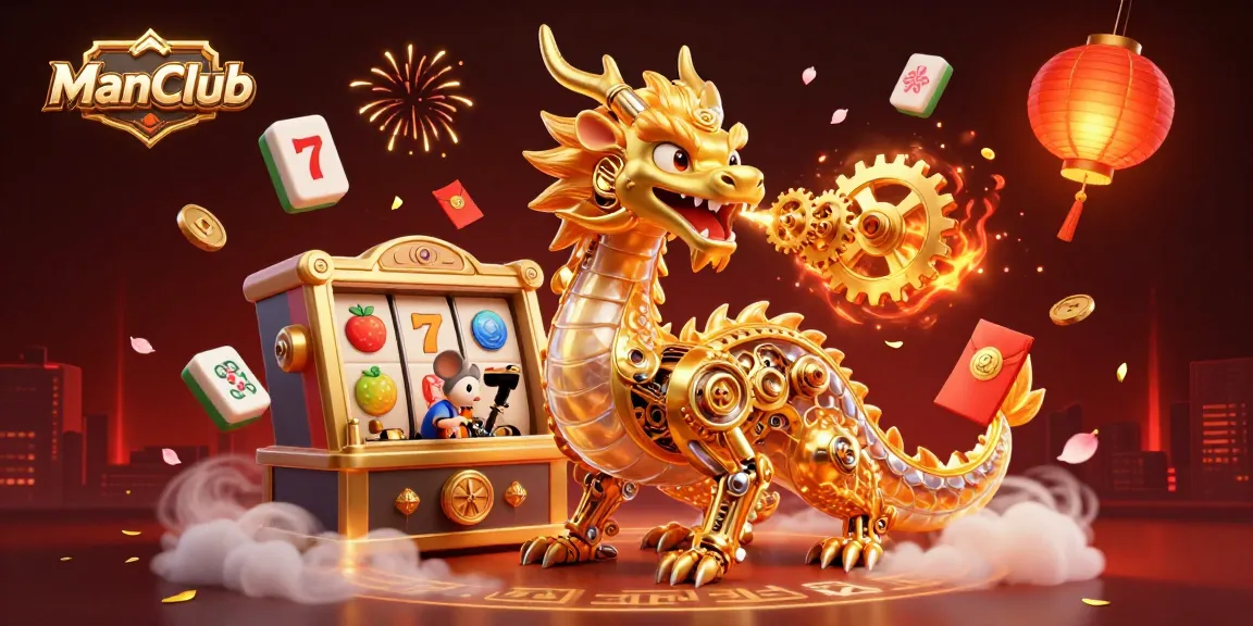 Engage in thrilling slot games at ManClub with a golden dragon and vibrant gameplay elements.