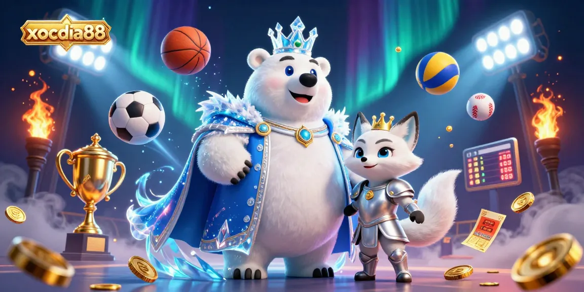Xocdia88 showcases a frozen-themed scene with an ice king bear and sports elements celebrating winning strategies.