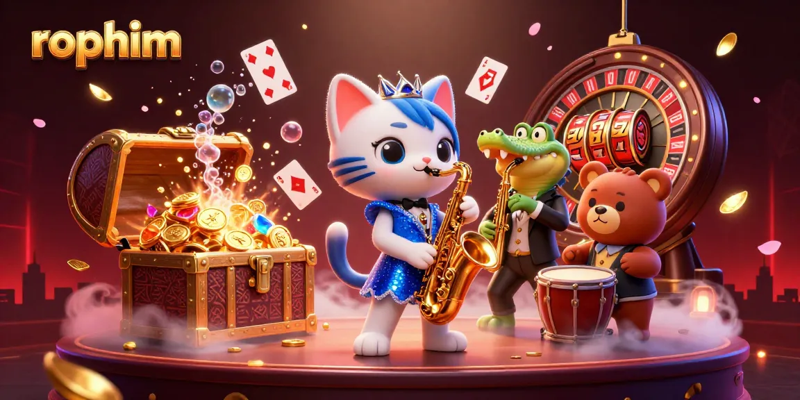 Engage with rophim's vibrant casino scene featuring a jazzy cat singer, crocodile saxophonist, and treasure elements.