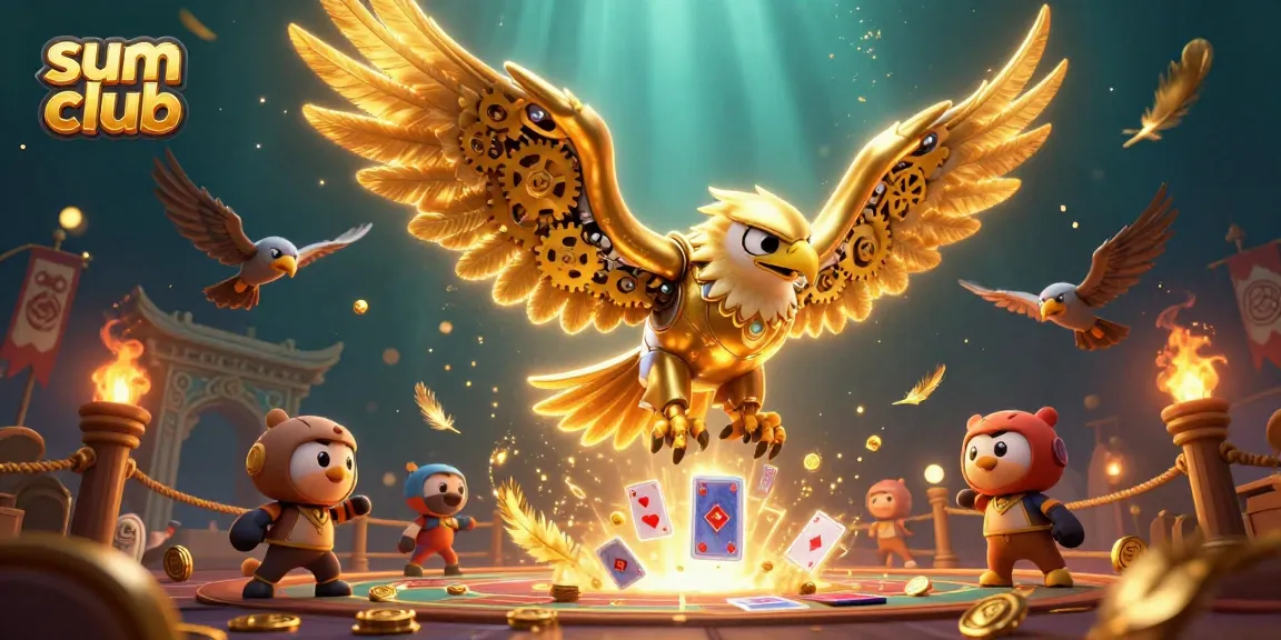 Experience thrilling wins at sum club with a cybernetic eagle flying through vibrant gambling elements.