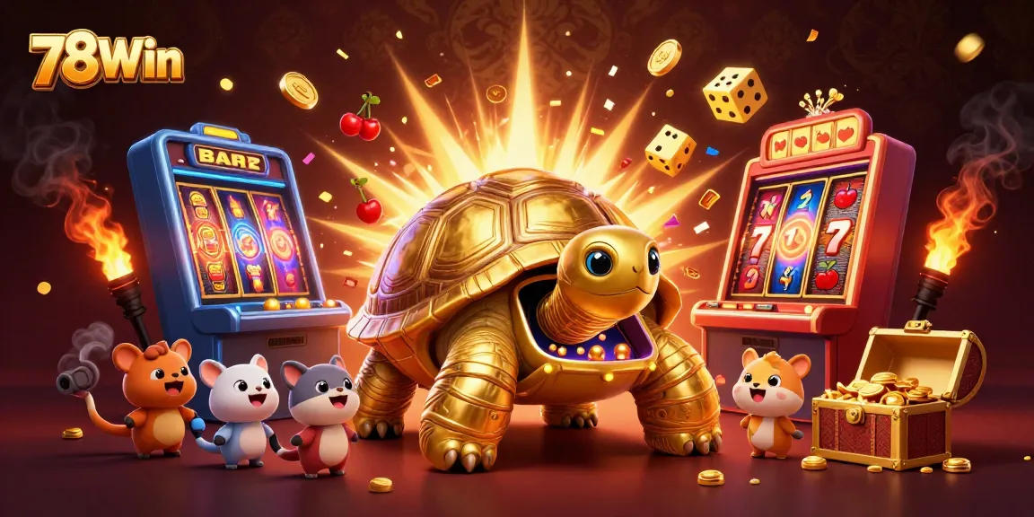 Experience thrilling jackpots at 78Win with a vibrant slot machine scene and golden tortoise character.