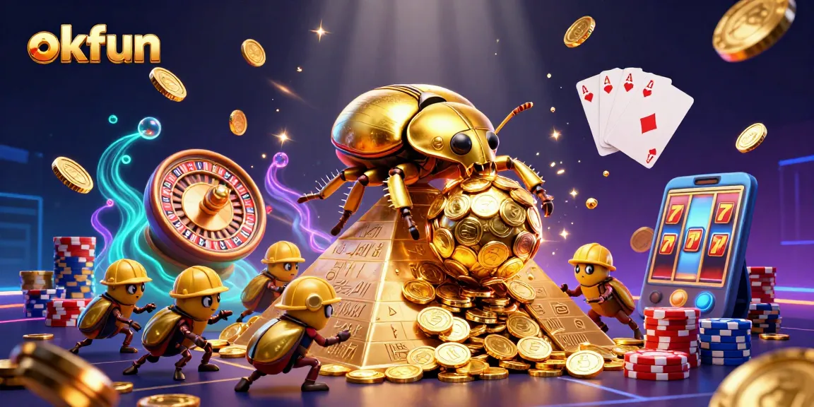 Experience the thrill of gaming with okfun's vibrant 3D casino illustration featuring golden coins and exciting game symbols.