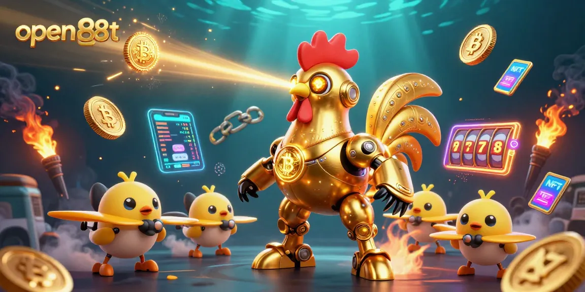 Experience exciting gameplay with open88t in this vibrant 3D casino scene featuring golden elements and crypto icons.