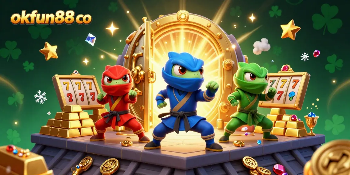 Experience thrilling online gaming with okfun88 co, featuring vibrant chameleons and dazzling casino treasures.