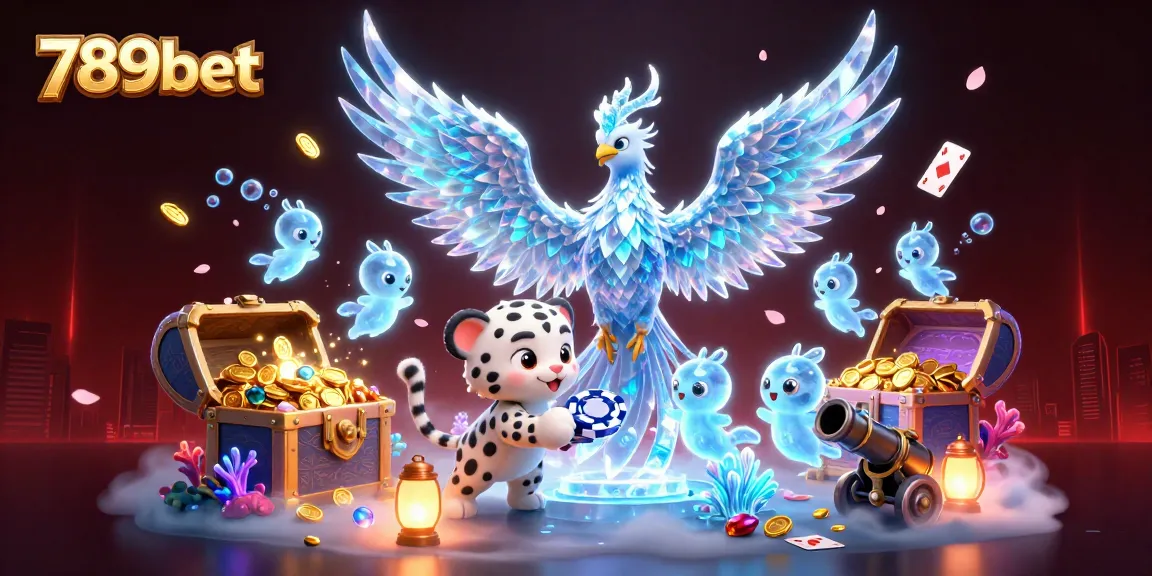 Engage with 789bet, where an ice phoenix and snow leopard play amidst dazzling casino treasures and vibrant illumination.