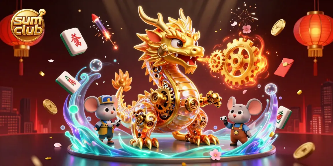 Engage with the thrilling sumclub casino experience featuring a dynamic scene with a golden dragon and vibrant game elements.