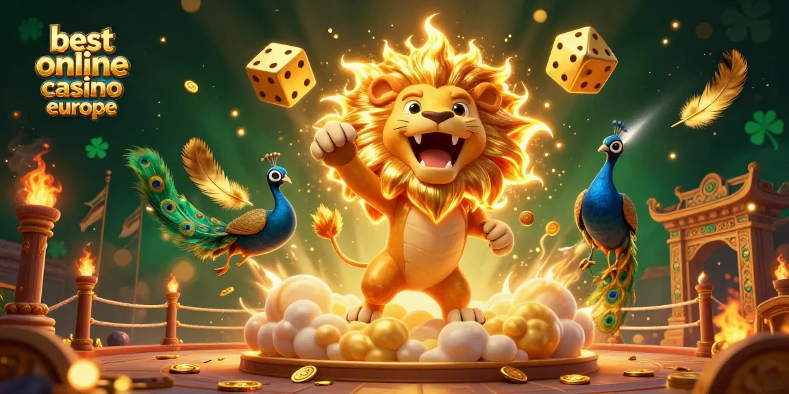 Experience the thrill at the best online casino Europe, with a 3D cartoon sun lion and golden dice amidst vibrant casino elements.