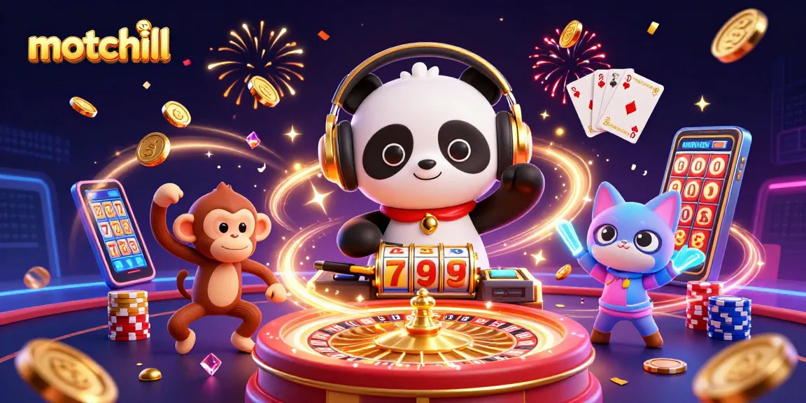 Experience motchill's premier online slots with our vibrant, entertaining casino scene featuring lively characters.