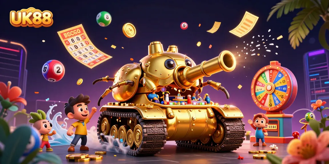 Watch the exciting UK88 casino world unfold with colorful lottery balls and a golden beetle tank bursting with fun!