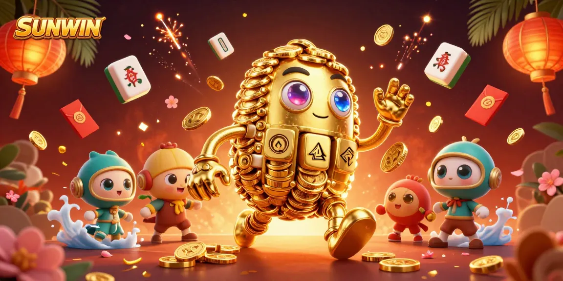 SUNWIN offers an exciting casino experience with a golden golem and vibrant game elements swirling around in a dynamic celebration