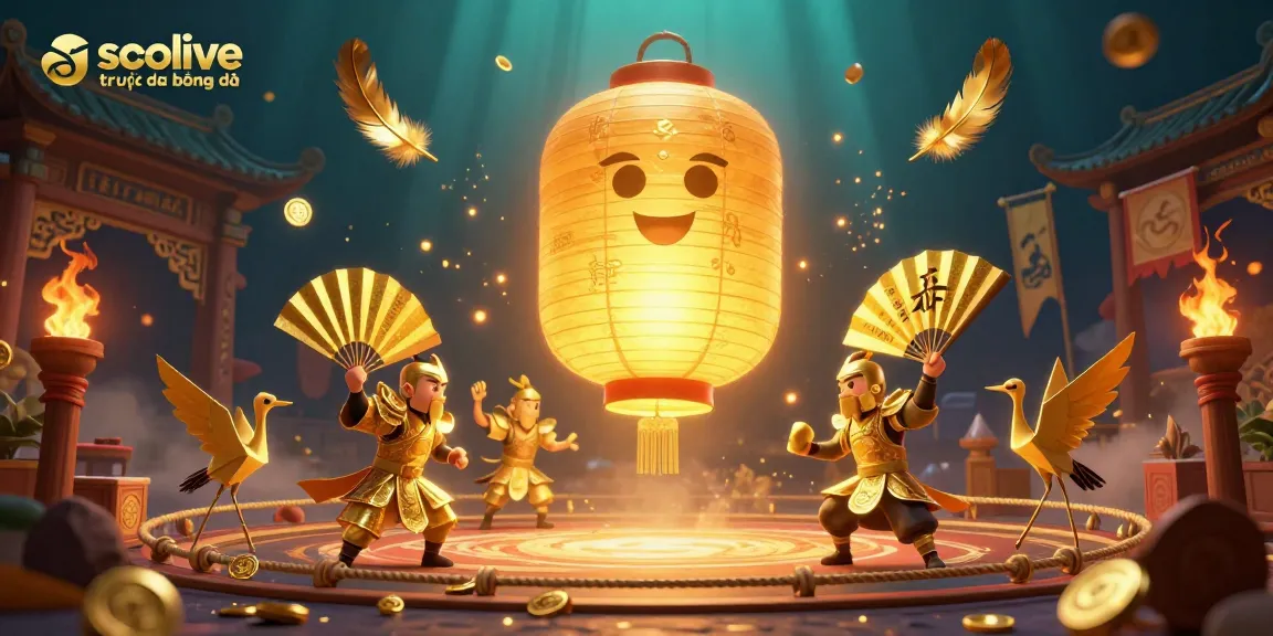 Socolive trực tiếp bóng đá showcases a vibrant 3D illustration of a golden lantern spirit above a dynamic casino scene.