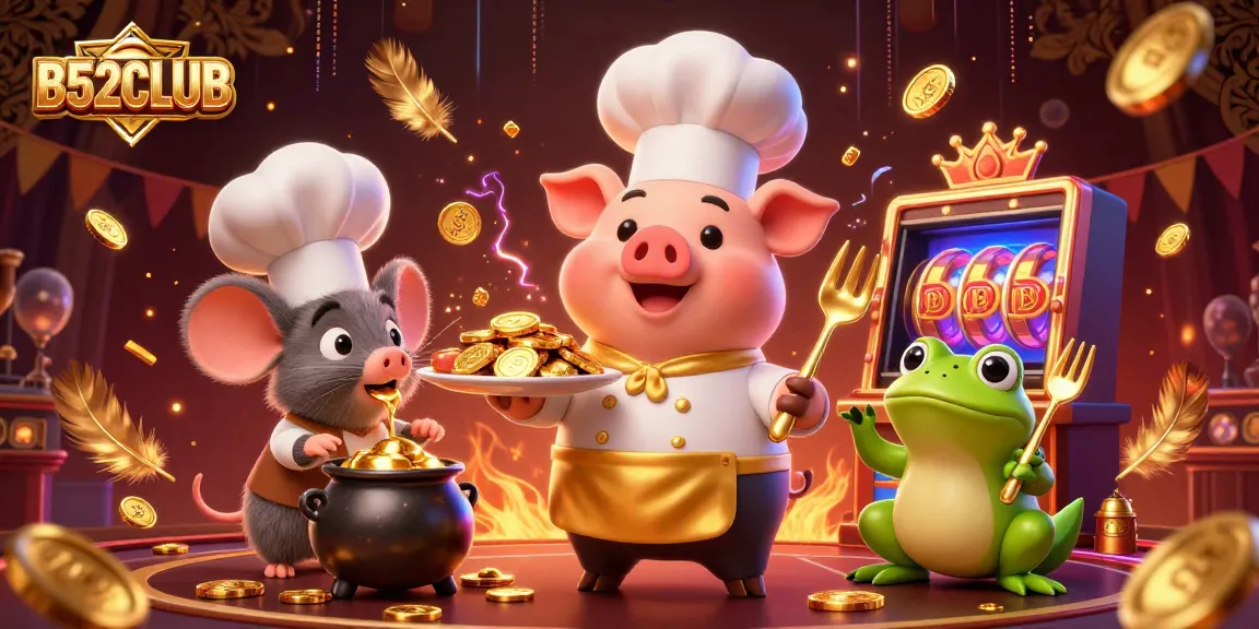 B52CLUB offers a vibrant casino vibe with a chef pig and gold coins amidst dynamic gaming elements.