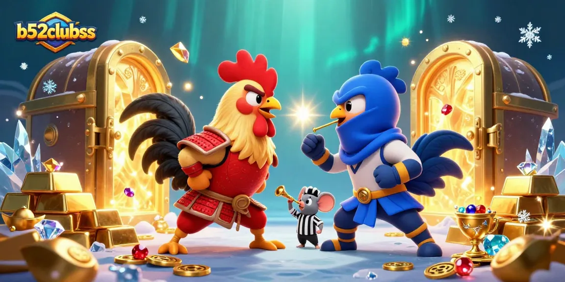 B52clubss showcases a dynamic rooster showdown symbolizing the thrill of gambling, amid golden treasures.