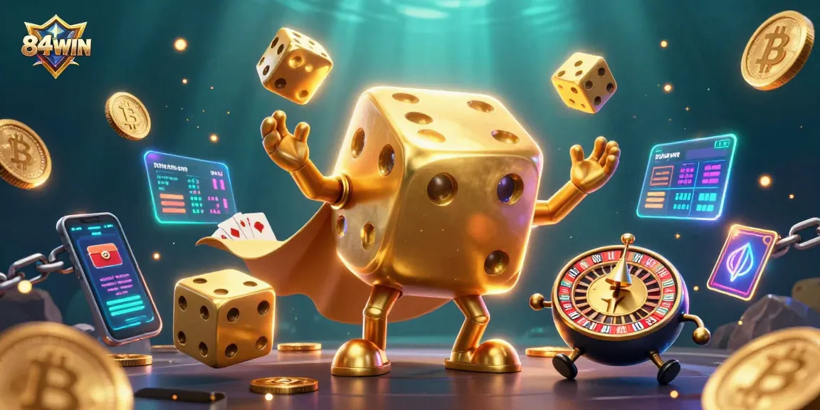 Experience exhilarating gaming action with 84WIN's vibrant gambling scene featuring dynamic characters and crypto elements.