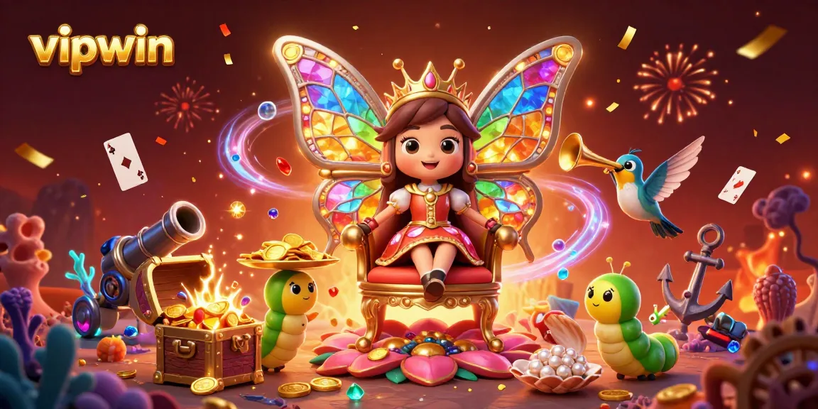 Join the excitement at vipwin with vivid gaming illustrations featuring a butterfly queen amidst a dynamic treasure scene.