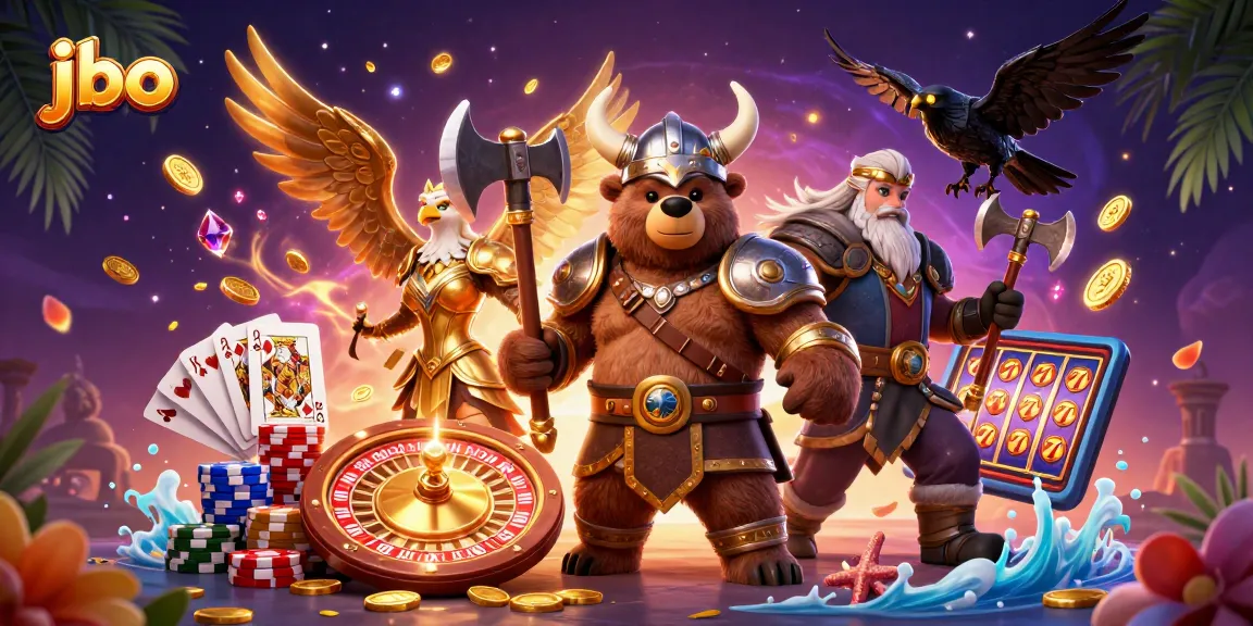 Engage with the thrilling jbo gambling experience featuring cartoon Viking characters and casino elements.