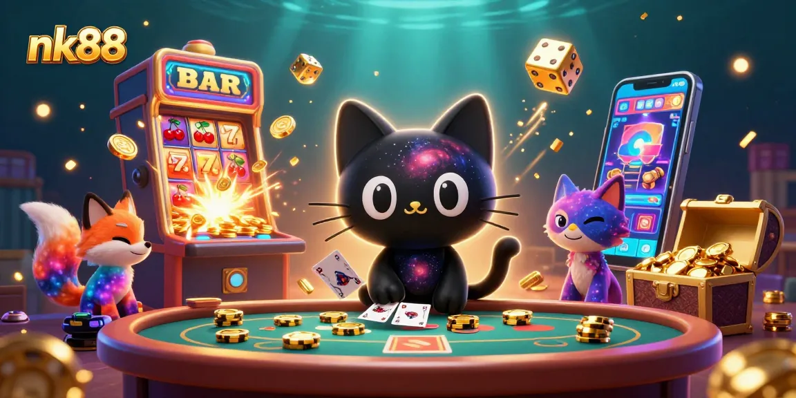 Play exciting casino games at nk88, featuring an enchanting cosmic setting with a black hole cat!
