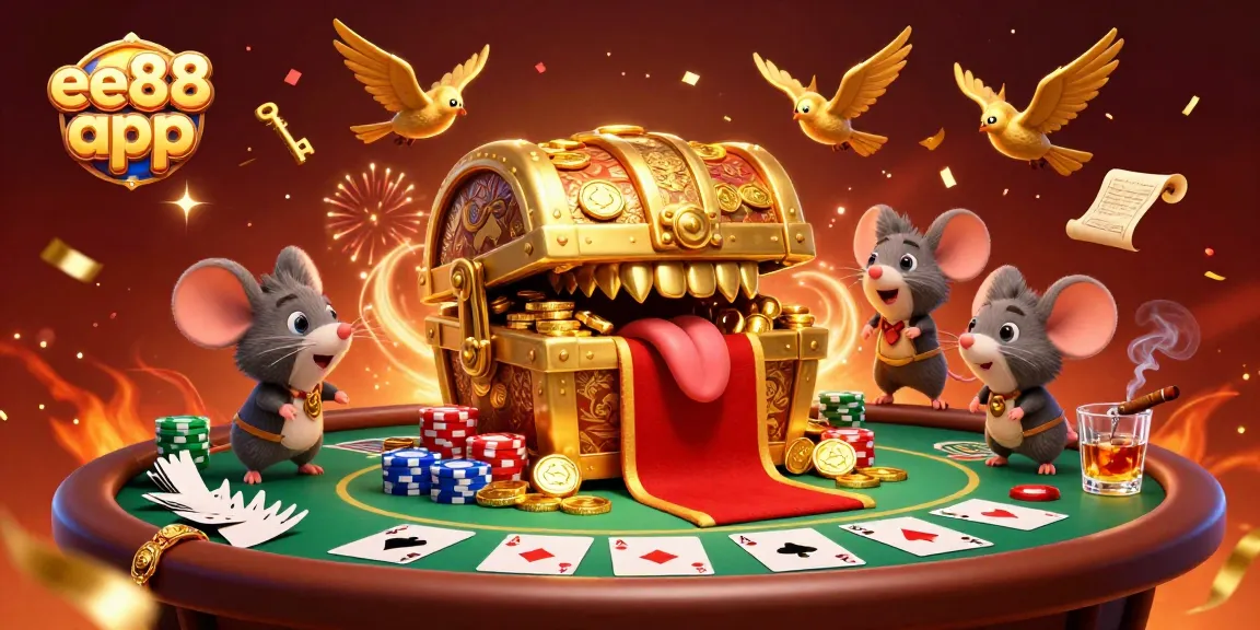 Experience excitement with the ee88 app, featuring a vibrant casino scene with a treasure chest and poker elements.