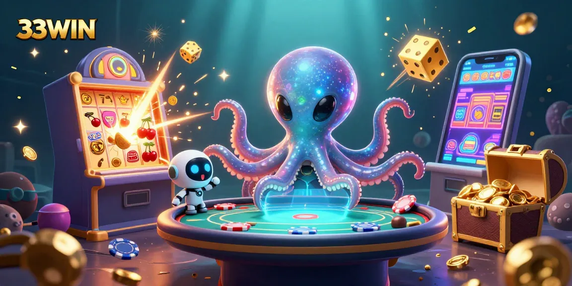 Engage with 33WIN's vibrant alien-themed casino scene featuring animated characters and jackpot elements.