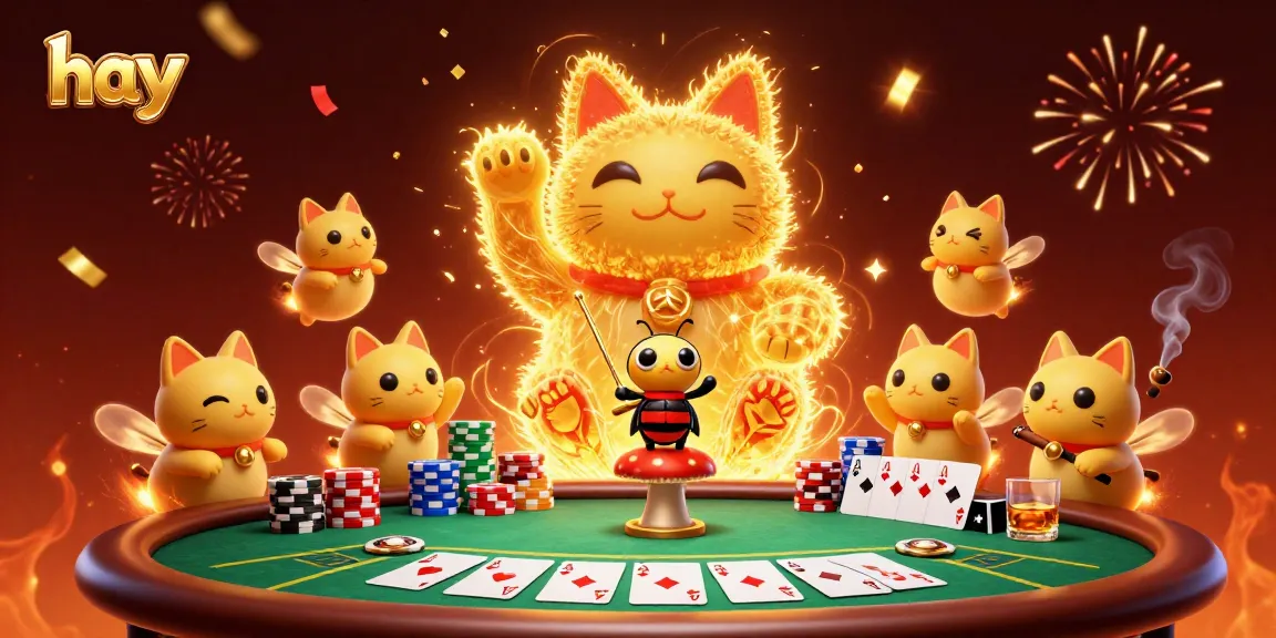 Experience the vibrant "hay" casino atmosphere with a lucky cat made of fireflies and dynamic poker elements.
