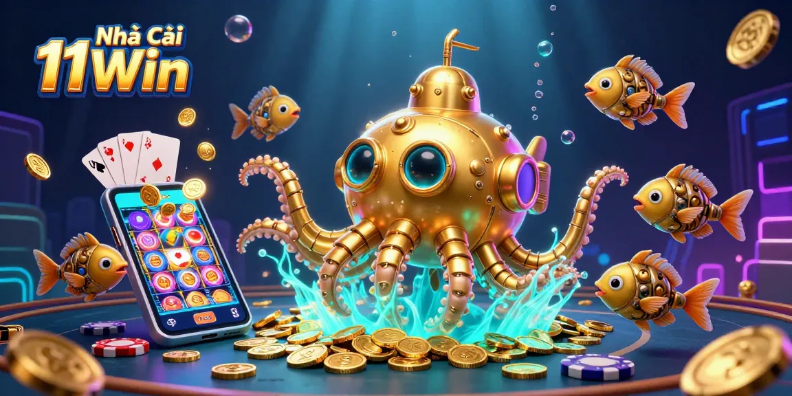 Engage with Nhà cái 11Win in an immersive 3D casino scene featuring vibrant games and golden treasures.