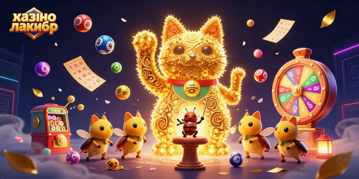 Experience casino excitement at казино лакибир with a vibrant scene of a lucky cat and dynamic lottery elements.