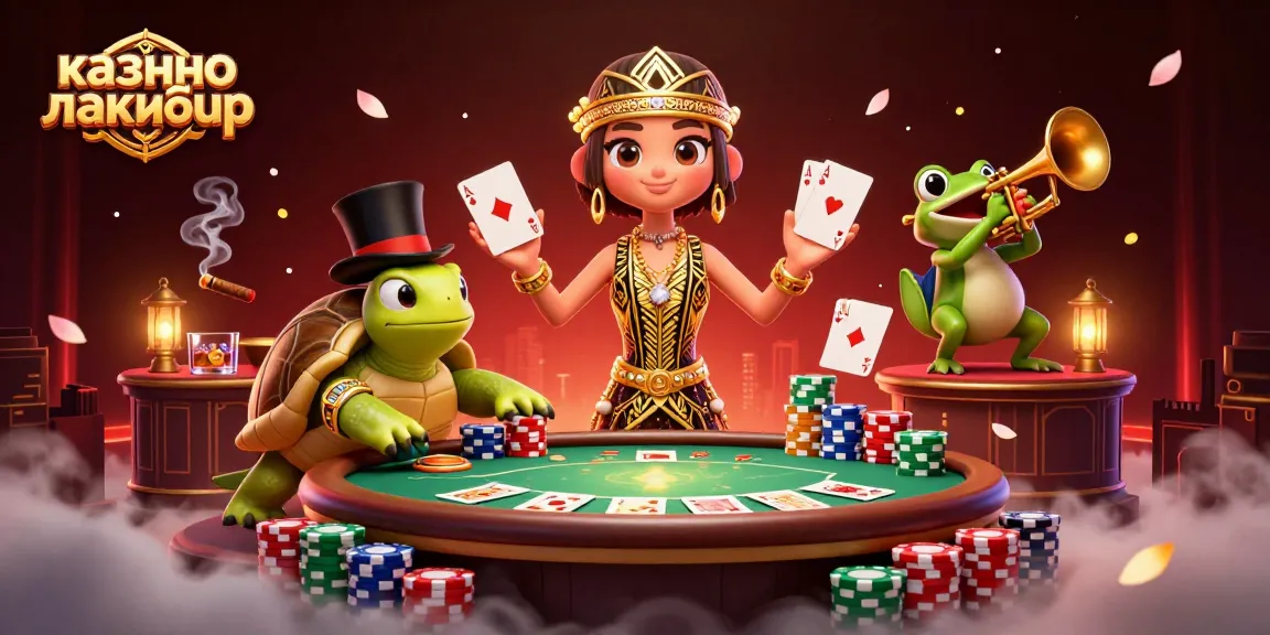 Engage with fun at казино лакибир with vibrant characters and poker elements in a lively casino scene.