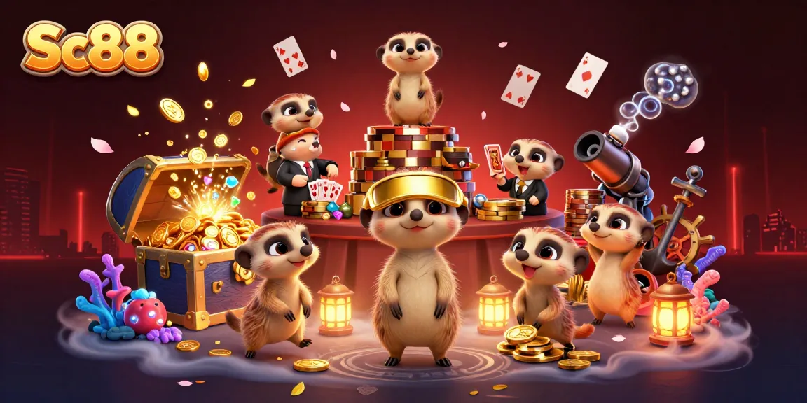 Experience the vibrant world of Sc88 with dynamic meerkats running a bustling casino, surrounded by underwater treasure.